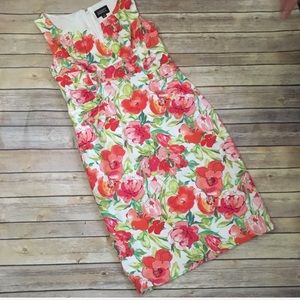 Adrianna Papell White Midi Dress with Coral, Pink & Green Floral Print